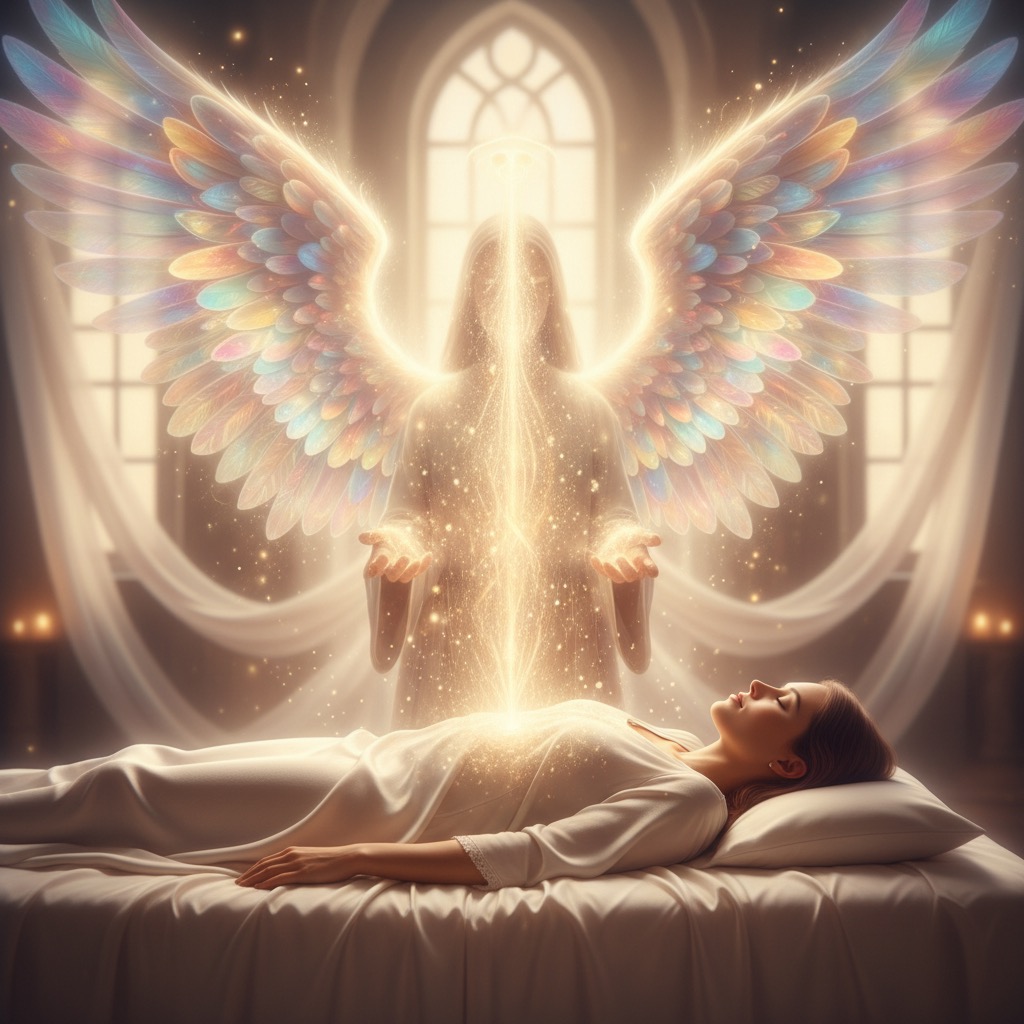 A luminous, winged angel stands behind a woman lying in bed, channeling golden light into her chest.