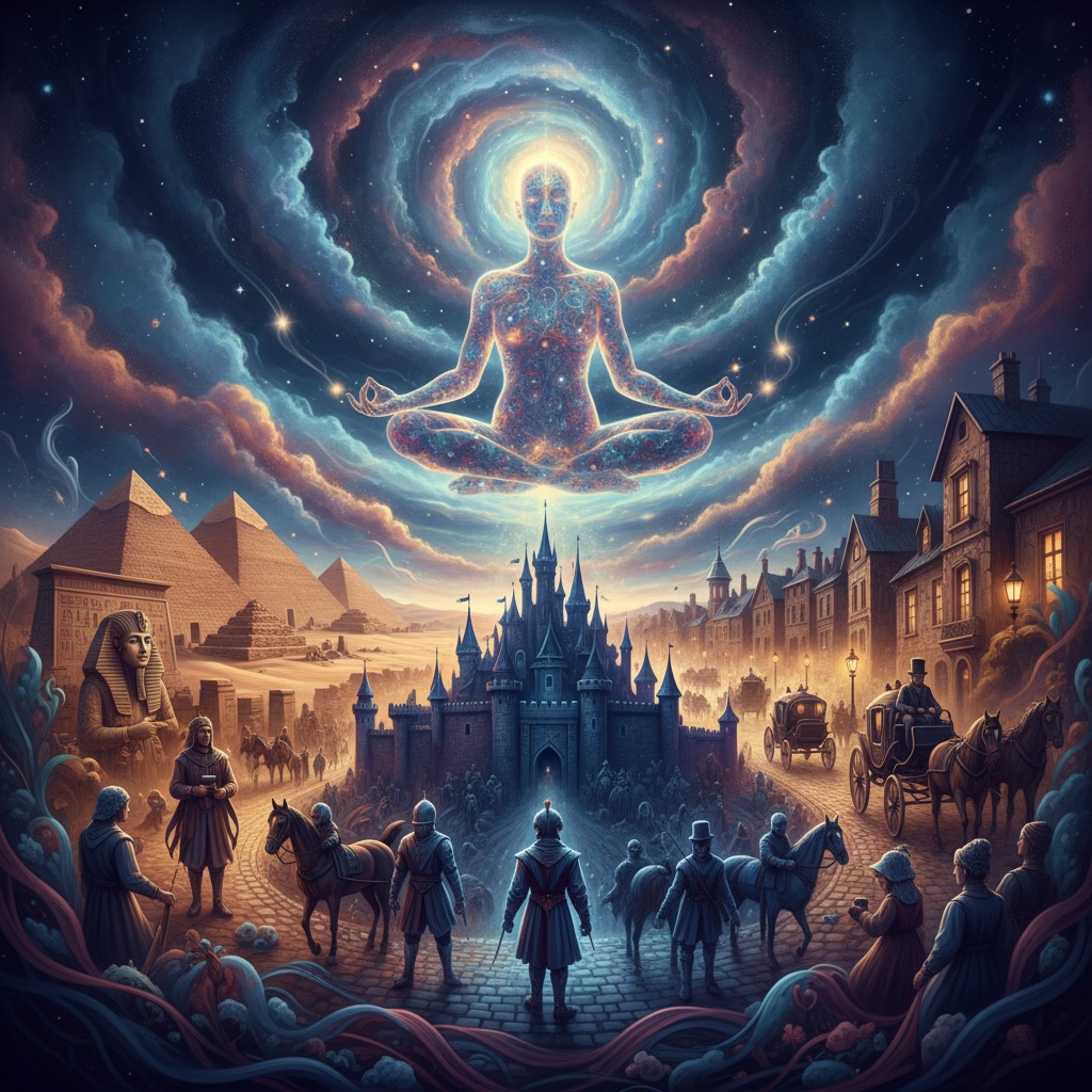 A giant cosmic figure floats in a lotus position above a fantastical landscape that merges a medieval castle, ancient pyramids and a European town.
